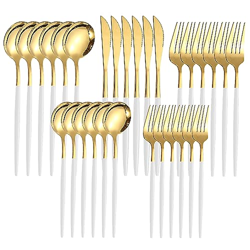 Gold Cutlery Set for 6 People – 30 Pieces Gold-Plated Stainless Steel Flatware Set with Knife,Fork,Spoons (Soup & Dessert) | Mirror Polished Wedding & Restaurant Tableware | Dishwasher Safe