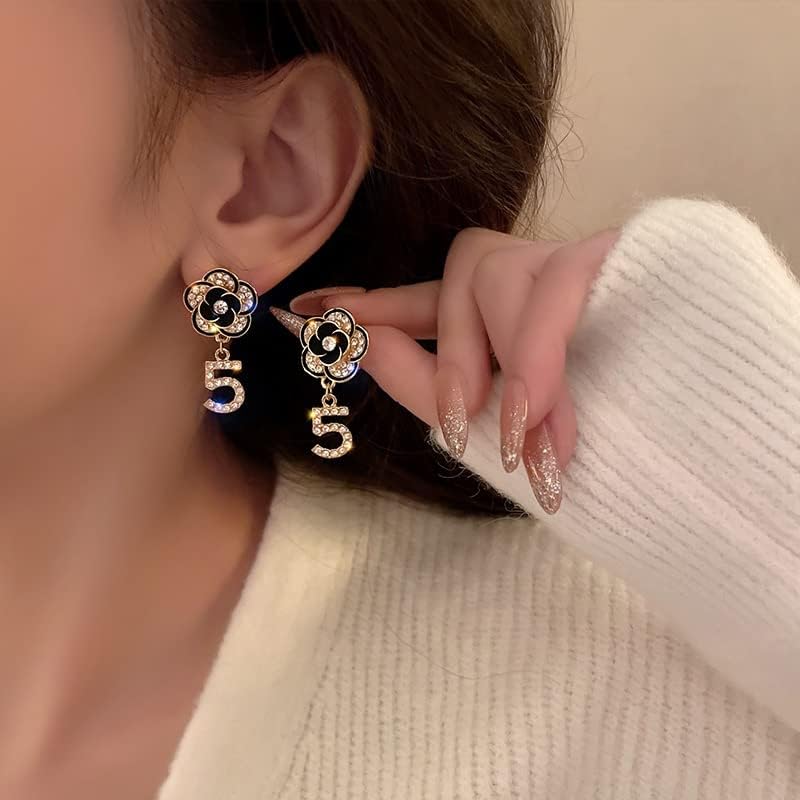 Celebrity Designer Elegant Rhinestone Dangle Drop Luxury Camellia Black Number 5 Earrings Valentine's Day Gift - Image 6