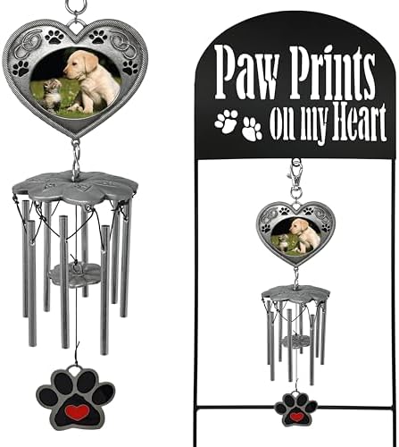 Pet Memorial Wind Chimes – Black Wrought Iron Garden Stake and Windchime – Paw Prints on My Heart – Dog Memorial Gift – Cat Memorial Gift – Pet Sympathy Gifts