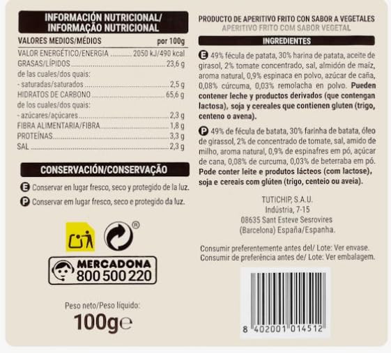 Hacendado Sticks Végétales Croustillants, Apéritif Frit avec Saveur de Légumes, 100g PACK 6, Conservation au Frais et à l'Abri de la Lumière