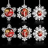 Soaoo 6 Pcs Snowflake Photo Frame Hanging Ornament for Christmas Tree Silver Metal Picture Frame Ornament Bulk for Xmas Home Decorations Keepsake Gifts