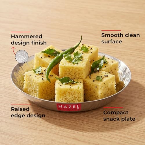 Image of HAZEL Stainless Steel Snack Plate 18.5cm Hammered Design Set of 6 | Kopri Dish Nashta Serving Plate Breakfast Steel Thali, 650ml