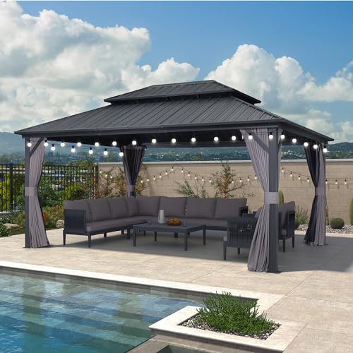 PURPLE LEAF Tonnelle de Jardin Extérieur 4,85 x 3,65 m avec Guirlande Lumineuse, Pavillon Aluminium à Double Toit en Acier Galvanisé, Pergola Jardin Extérieur avec...