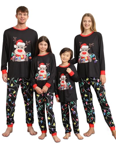 DDKJ Pijama Navidad Familia,Pijamas de Navidad para la Familia con Estampado de Renos y Luces Entrelazadas,Pijama Navideño Familiar Negro,Pijamas Navideños Pareja/Mujer/Hombre/Niña/Niño/Bebe