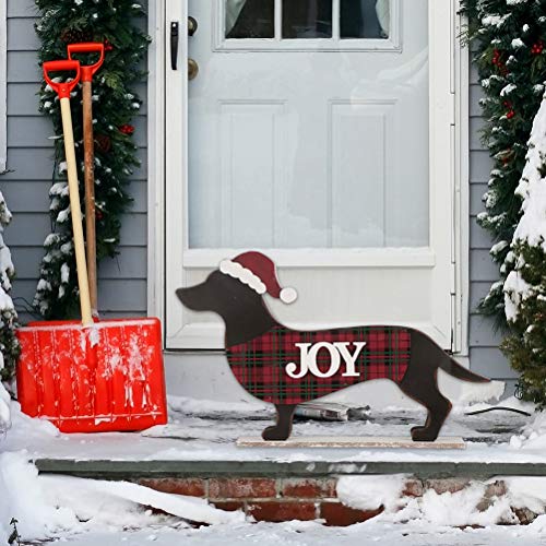 Image of Glitzhome 21.93 inch L Wooden Metal Dachshund Standing Front Door Porch Sign Christmas Welcome Sign Outdoor Indoor Welcome Joy Sign Xmas Holiday Decorations