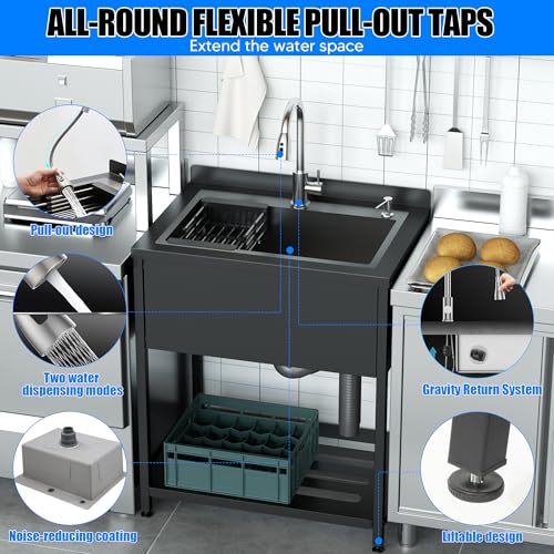 30inch Stainless Steel Utility Sink, Commercial Kitchen Single Bowl Sink with Cold and Hot Water Faucet,Hoses and Drain Kit,Stainless Utility Sink for Kitchens, Bathrooms, Garage, Laundry Room