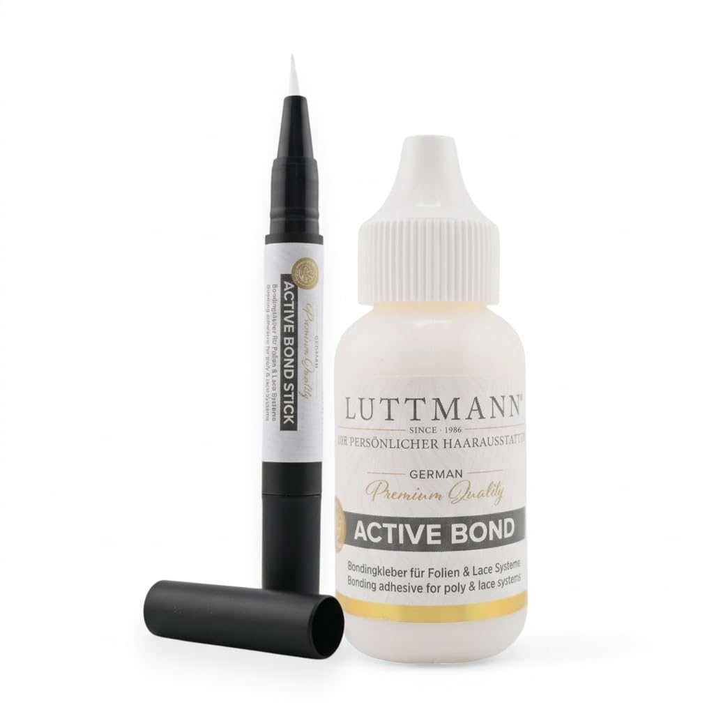 Active Bond Haarsystem Kleber Bundle – Flüssigkleber 38 ml + Präzisions Stick – Maximaler Halt bis zu 4 Wochen – wasserbasiert & hautfreundlich – für Toupet, Lace & Folien Haarsysteme