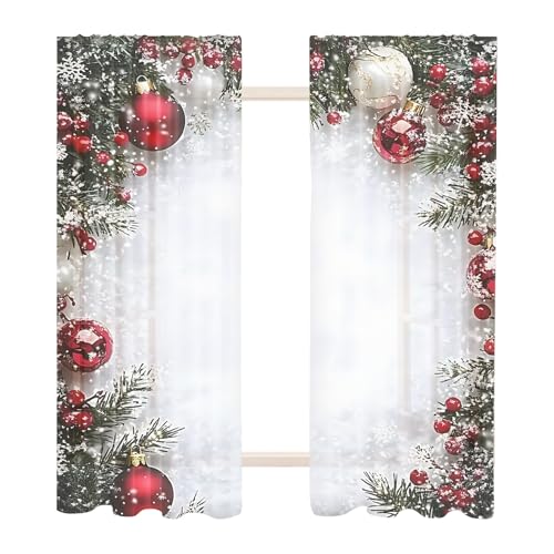 Sucritude Cortinas Navideñas para Salón | 2 Piezas Cubierta Para Ventana Con Estampado De Bolas De Navidad,Cortinas Impresas Planas 2D Con Patrón De Copo De Nieve Y Rama De Pino - Para Dormitorio Sala
