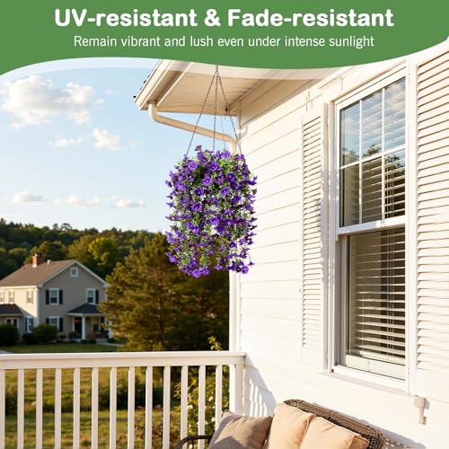 Image of Lewondr Artificial Fake Hanging Flowers Plants for Outdoor Summer Decoration, 2 PCS Faux Silk Purple Morning Glories, 29.5'' UV Resistant Realistic for Outside Planter Porch Patio Balcony Yard Decor