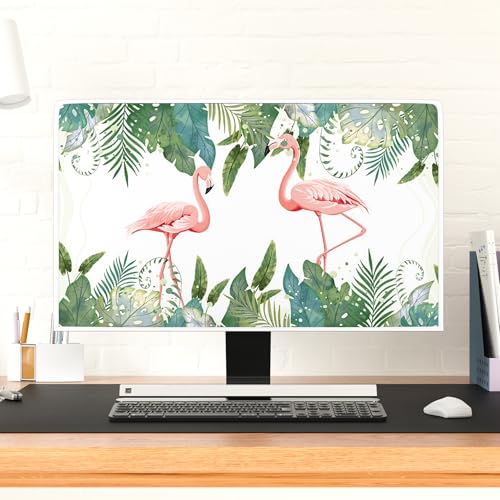 Image of Tropical Flamingo Waterproof Screen TV Cover 37,38,39 Inch Palm Leaves Weatherproof Dust-Proof Anti-Scratch Protective Television Cover for Desktop and Home Hanging TV,Green and Pink