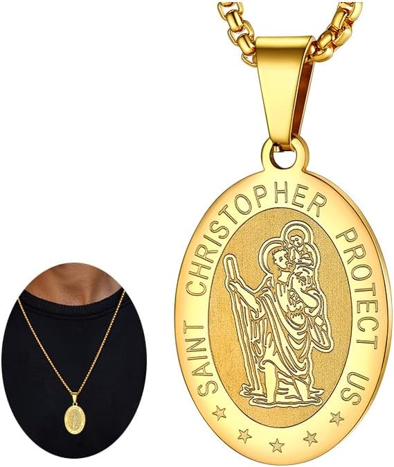 FaithHeart Saint Christopher/Florian/Sebastian Necklace for Men, Stainless Steel/18K Gold Plated St Christopher Necklaces Religious Amulet Pendant Christian Gifts for Men