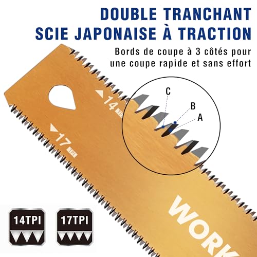 WORKPRO Scie Japonaise 150 mm, Scie à Main à Double Tranchant de 14/17 TPI, Scie à Traction avec Poignée Ergonomique en Hêtre, Lame Flexible SK5, Scie Japonaise Menuisier pour bois – Image 4