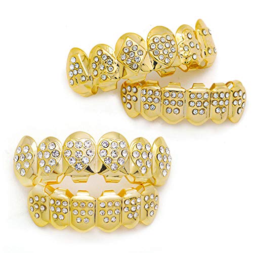 LuReen Gold Heart Diamond Grillz Top and Bottom Grillz One Set with Gold Poker Grills for Your Teeth for Men Women One Set in One Package