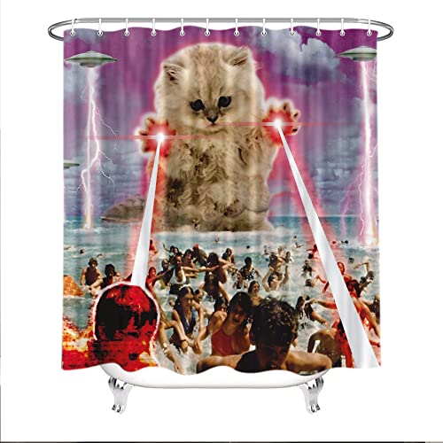 MERCHR Lustiges Alien-Katzen-Duschvorhang-Set, extra hoch, UFO am Strand, fängt menschliche Duschvorhänge für Badezimmer, wasserdichter Stoff, Badezimmer-Dekor, Badvorhänge mit Haken, 72 x 84 L lang Cover