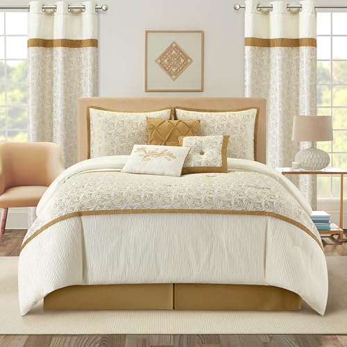 Grand Avenue 9 Piece Gold Leaves Comforter Set, Queen Size Jacquard Bedding Set, All Season, Matching Pillows, Shams, Curtains, Bed Skirt