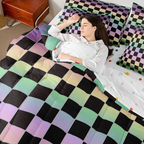 Image of Erosebridal Kids Black Checkered Comforter Set Full 7 Piece,Rainbow Ombre Plaid Bed in A Bag with Sheets for Boys Girls Colorful Geometric Checkerboard Bedding Set,Aesthetic Grids Bed Sets