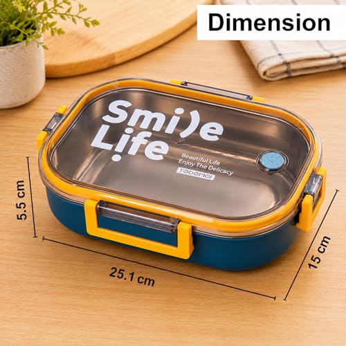 Image of WISHKEY Stainless Steel Lunch Box with Plastic Condiment Box for Kids & Adults, Air Tight Leak Proof Food Storage Container Stylish Tiffin Box Set for School & Office, 710 ml (Pack of 1, Blue)