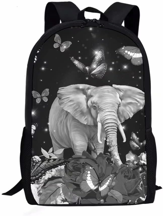 Travel Backpack Butterfly Elephant, Classic Black Shoulder 17in Lightweight Casual Daypack for Business Men Women