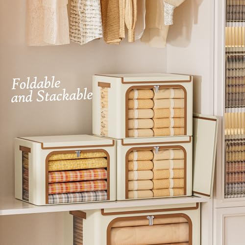 Image of Yecaye Clothes Storage Bins with Metal Frame, Foldable Clothing Storage Bin with Lid, Stackable Oxford Fabric Organizer Box With Clear Window & Zippers & PU Leather Handles (3 Pack,Beige,40L)