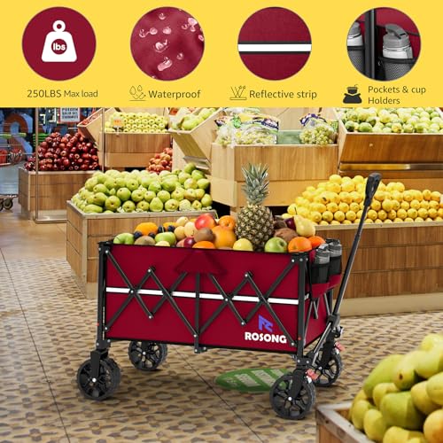 Image of ROSONG Collapsible Wagon Cart with Wheels Foldable - Folding Utility Heavy Duty Wagons Carts for Grocery Sports Garden Shopping Camping Wheelbarrows (Burgundy, 150L)