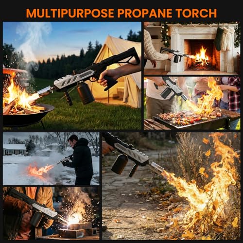 Image of Propane Torch Gun, Detachable & Adjustable Flame Thrower Gun, 1800℃ Heavy Duty Blow Torch for BBQ, Searing Steak, Campfire Starter, Ice Melting and Soldering, Sliver (Tank Not Included)