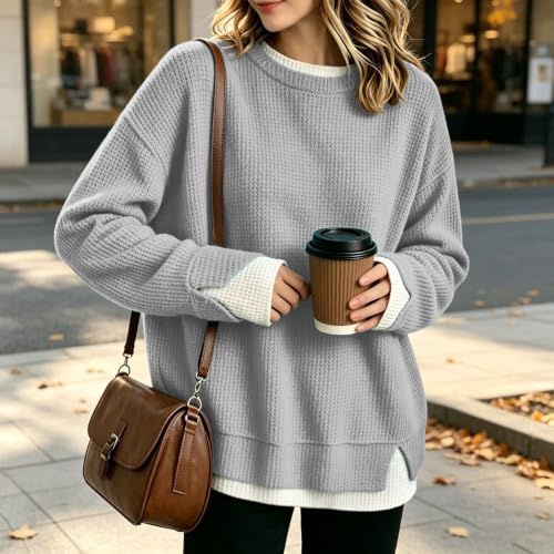 HswsEJ Womens Waffle Top Long Sleeve Crewneck Pullover Layered Sweaters - image 3