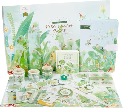 Image of VIBEVISTA Vintage Aesthetic Scrapbook Kit, 346 Pcs, A6 Grid Notebook, Washi , Envelopes, Scrapbook Papers, Folding Labels, Background Papers, Photo Frames, Calendar Stickers, Stickers (Peters Secret Forest)