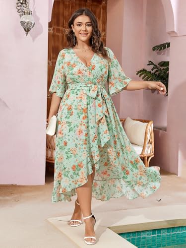 Image of SCOMCHIC Women Plus Size Maxi Dress Short Sleeve Wrap V Neck High Low Split Ruffle Long Dress