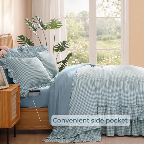Image of Full Size Comforter Set Blue Gingham Ruffle 7 Pieces Farmhouse Bed in a Bag | Shabby Chic Fluffy Bedding Sets with Sheets, Pillowcases & Shams