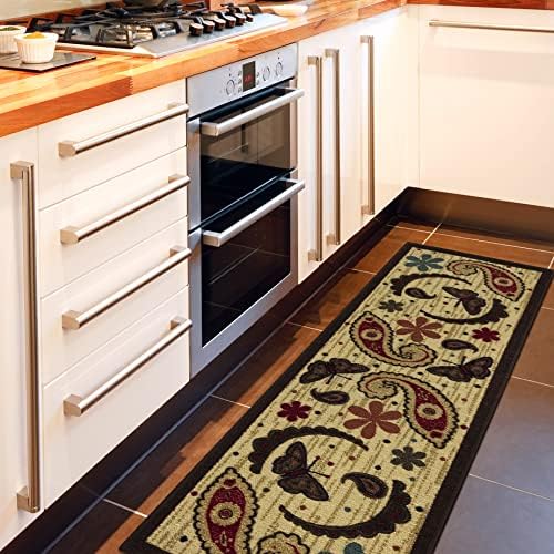 Machine Washable Paisley Design Non-Slip Rubberback 2x5 Indoor Kitchen Runner Rug for Hallway, Kitchen, Living Room, Bedroom, Entryway, 20" x 59", Beige Paisley