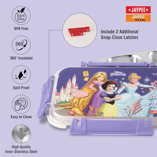 Image of JAYPEE Toon Box 2 Disney Princess Inner Stainless Steel Insulated Lunch Box for School Kids |Airtight Leakproof Tiffin Box with 2 Additional Lock |Food Grade|BPA Free, 545 ml, Violet