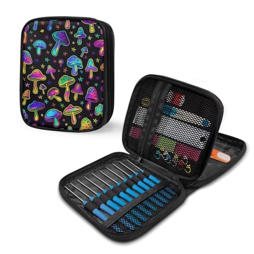Image of Crochet Hook Case Colorful Mushroom Crochet Hook Holder Portable Crochet Hook Storage Bag with Web Pockets Suitable for Crochet Needles /Knitting Accessories
