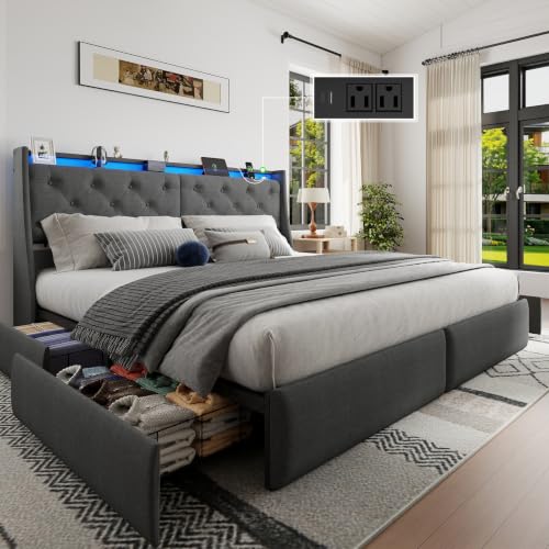 Image of Upholstered King Size Bed Frame with 4 Storage Drawers and LED Lights