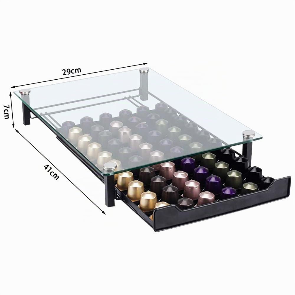 Scatola per 60capsule di caffè Nespresso, cassettiera in metallo e vetro, porta capsule, dispenser per capsule circa-41 * 29 * 7 CM (60 pezzi)