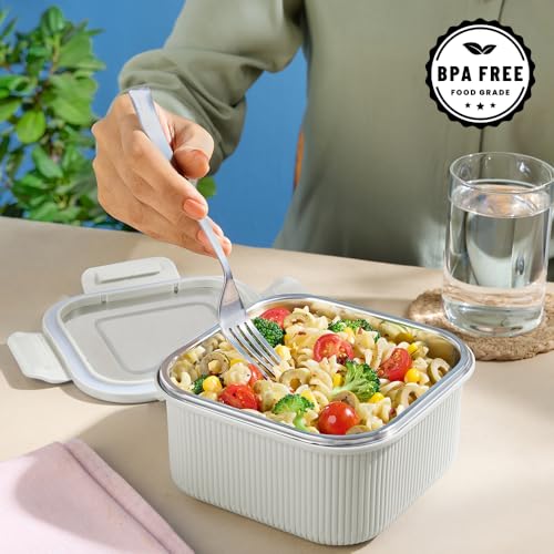 Image of Larah by BOROSIL Freshbyte Food Storage Container with Airtight Stainless Steel Lid | Fridge Container for Lunchbox | Food Grade | Microwave Safe (Grey, 800 ml, Square)