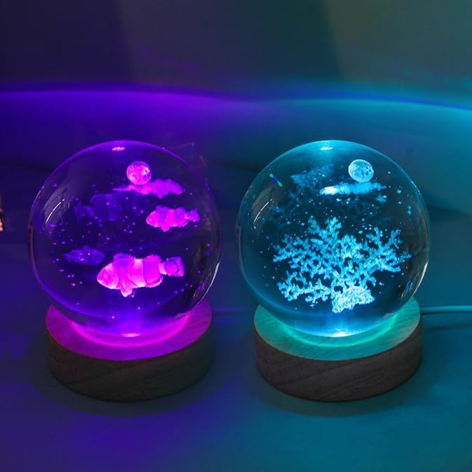 Crystal Ball LED Night Light with USB Powered Base Dolphin Jellyfish Lamp Night Light Desktop Decoration Birthday Gifts (Type C,Warm Light)