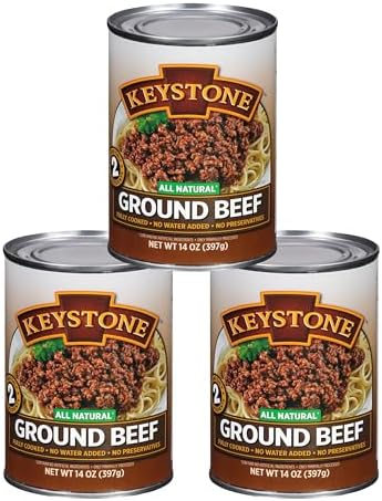 Keystone Meats All Natural Heat and Serve Ground Beef 14 oz – Fully Cooked Canned Meat – Ready to Eat – 5-Year Shelf Life – Pantry Staple for Everyday Meals, Emergency Survival Canned Food – Made in USA – Pack of 3