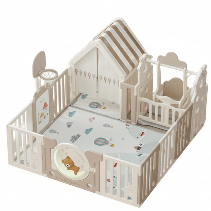 Parque Infantil de Plástico 150x180 cm con Columpio, Canasta de Baloncesto y Casita, Set de Juegos Completo con Valla Modular, Interior y Exterior, Color Beige, 3 en 1 para Niños 1+
