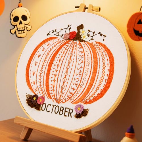 Image of Easy Beginners Embroidery Stitches Practice Kits for Adults, Fall Pumpkin Embroidery Starters Kits for Beginners to Learn 26 Stitches, Autumn Hand Embroidery Set Craft for Women & Video Tutorial