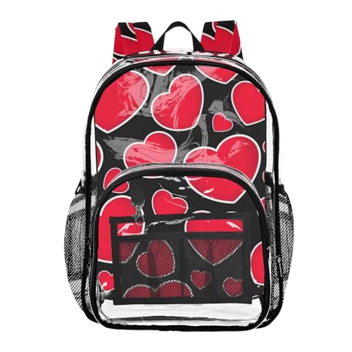 Bold Red Hearts White Black Travel Clear Bags for Women Kids Girls Backpack Boys See through Shoulder Bag