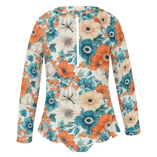 Girls Swimsuit Long Sleeve Bohemian Flowers Turquoise Coral Rashguard Swimsuits for Girls Kids Bathing Suit2