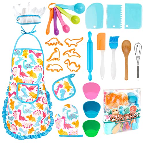 KAEGREEL Set de Cocina Juguetes con Delantal Dinosaurio, 26Pcs Hornear Accesorios Cocinita Infantil con Gorro Cocinero Cucharas Batidora, Disfraz Cocinero Regalos para Niño Niña 3+ Años (Azul)
