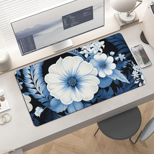 Desk Pad Protector 24x12 Inch Extendido Floral Azul y Blanco miniatura 6