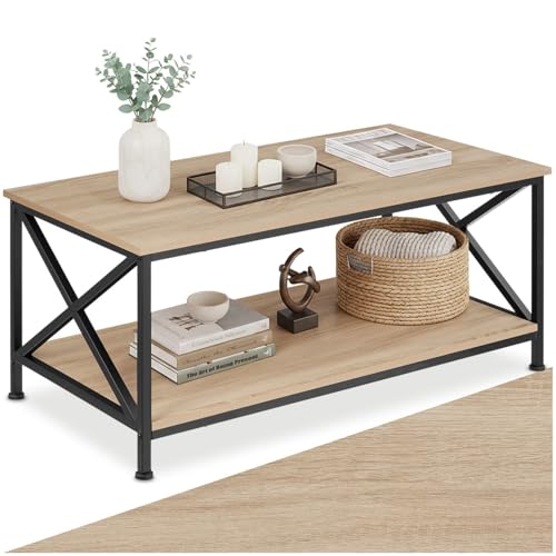 tectake® Mesa Cafe con Estante Inferior, Mesa de Centro, Mueble Auxiliar Salon, Decoracion Hogar, Mesitas de Noche, Mesita de Noche, Muebles - 100 x 55 x 45,5 cm Madera Industrial Clara, Roble Sonoma