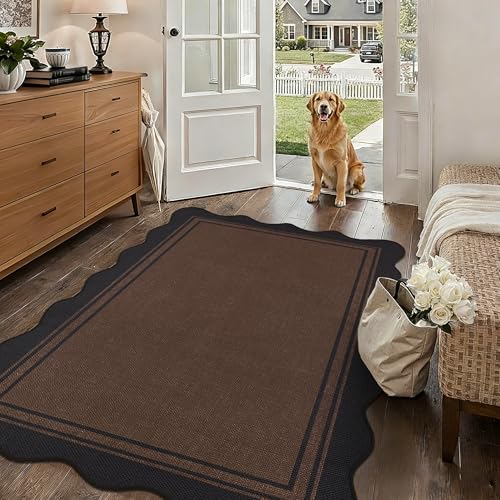 Image of Easy Jute 3x5 Outdoor Rug Washable Non Slip Rug for Entryway Indoor Outdoor Farmhouse Neutral Scalloped Carpet for Backyard Patio Proch Living Room