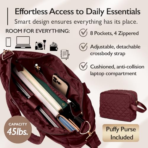 Dark Red Quilted Puffer Tote Bag for Women Work Travel Gym - Puffer Crossbody Bag Waterproof Carry All Soft Puffy Tote Bag with Zipper, Pockets, Laptop Slot, Luggage Sleeve - Puffer Purse USA Brand3
