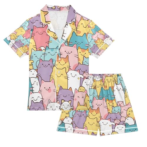 senya Colored Of Cats Satin Summer Pajama Sets Silk Short Sleeve Button Down Sleepwear