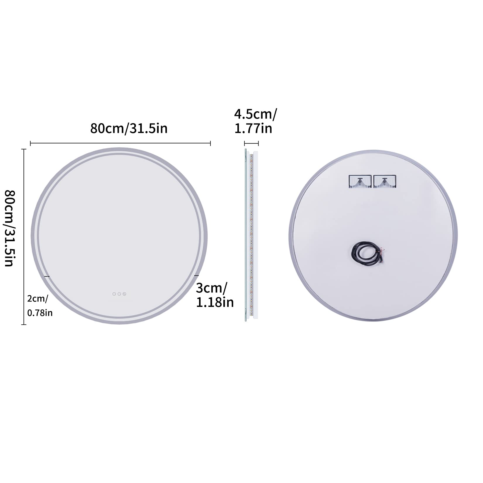 LUVODI - Espejo redondo LED retroiluminado, 80 cm, para cuarto de baño, luminoso, regulable, conectado, antivaho, botón táctil inteligente, maquillaje y afeitado, IP65, regulable, memoria