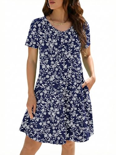 Image of KORSIS Dresses for Women Casual T-Shirt Summer Short Sleeve Loose Comfy Dress Swing Flowy Beach Vacation Sundress with Pocket