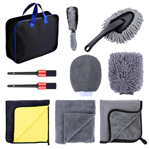 Azonee 10 PCS Car Wash Tool Cleaning Kit With Bag Valeting Product Gift Set Include Microfibre Valet Washing Mitts Exterior Drying Towel Waffle Cloths Alloy Wheel Brush 2 Detail Brushes
